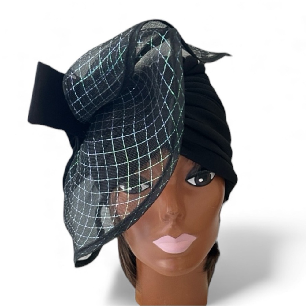 Elegant Black Turban Headpiece w/Green Sparkle Mesh Veil Elegant Statement Hat